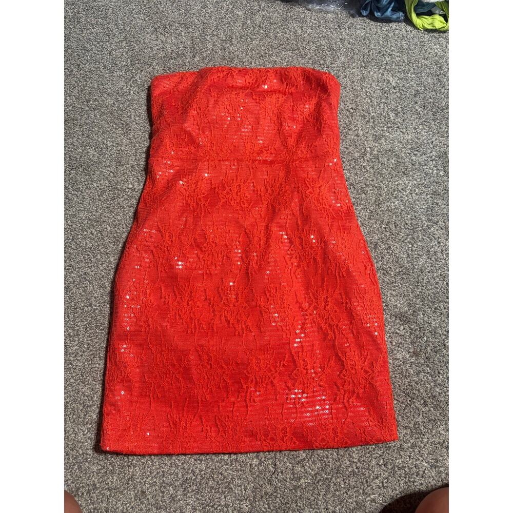 Womens small red sequin strapless dress